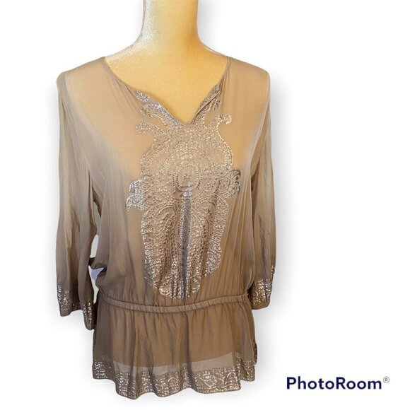 Chico's long sleeve silk metalic detail sheer top, size 1 medium/8 - Picture 1 of 11